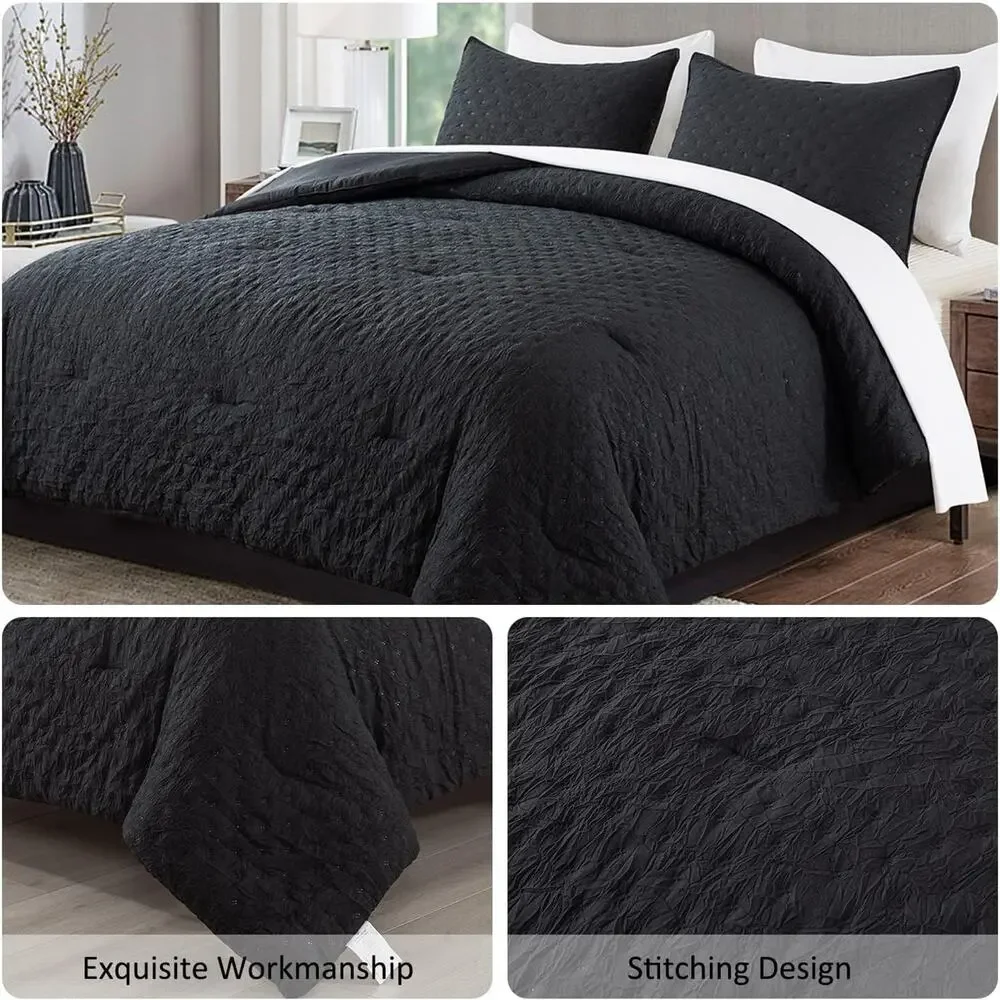 3-Piece King Comforter Set w/2 Pillowcases 480GSM Creased Texture Quilted Design